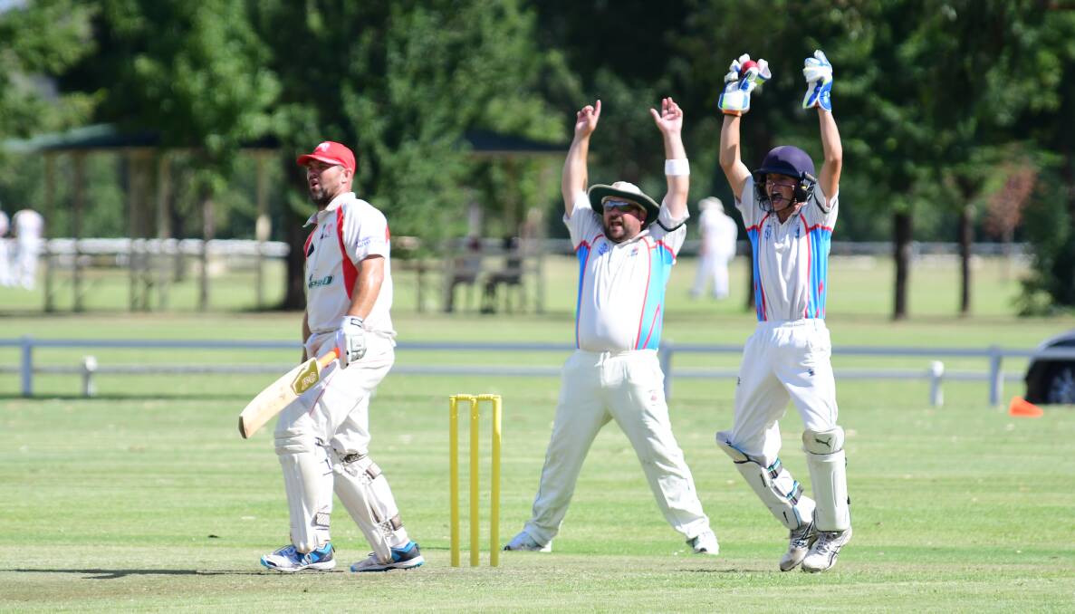 CLOSE: Rugby wicketkeeper Campbell Rose and first slip Nathan Munro go up in unison but RSL-Colts batsmen Wes Giddings survived this one during his side's win at Lady Cutler 2 on Saturday. Photo: BELINDA SOOLE
