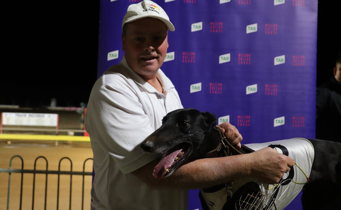 INTO THE FINAL: Mark Swift with Midnight Joyce after winning the first Million Dollar Chase heat at Dubbo on Sunday. Photo: THEDOGS.COM.AU