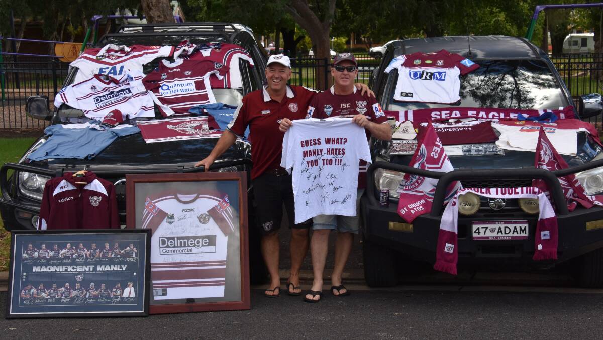 FOREVER: Tony Devine and Adam Jones are loud and proud when it comes to their love for the Manly Warringah Sea Eagles. Photo: JAY-ANNA MOBBS