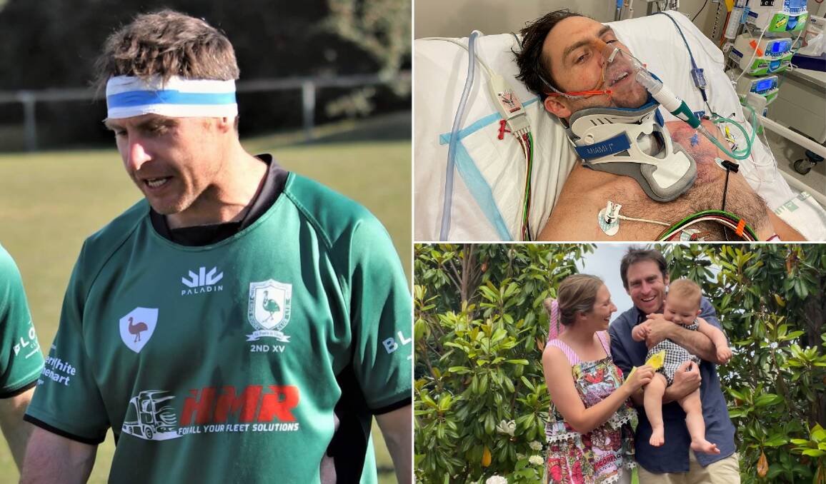 FOCUSED ON RECOVERY: Andrew Regan (clockwise from left) playing for Emus, in hospital post-surgery, and with wife Jessie and their son, Gus. Pictures: Supplied