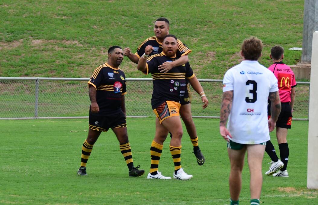 STRONG START: Peter Duncan celebrates with Moree teammates after scoring the first try in Saturday's match. Photo: NICK GUTHRIE