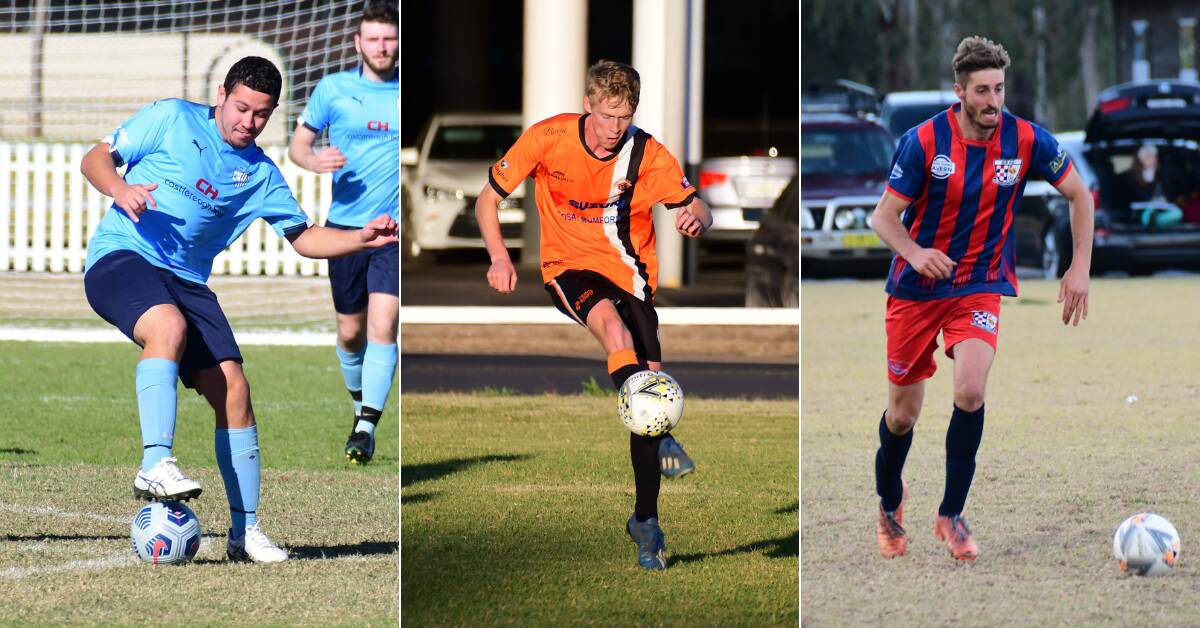 CHALLENGE: Justin Pickering of Macquarie United (left), Dubbo FC's Thoms Busch, and Jake Grady of Orana Spurs. Photos: AMY McINTYRE