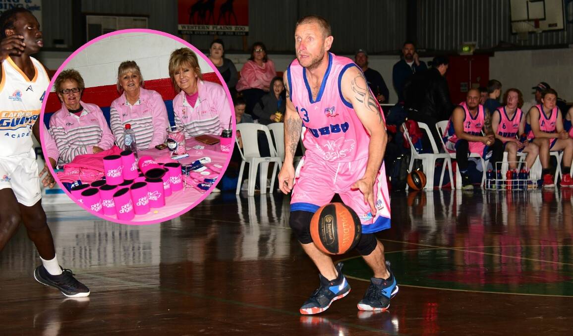 GOOD CAUSE: Jason Brown in action for the Dubbo Rams on Saturday and (inset) Pink Angels Pam Urquhart, Margo Green, and Sue Gavenlock. Photos: AMY McINTYRE