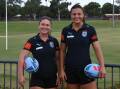 NRLW stars Keeley Davis (left) and Millie Elliott at Dubbo's Apex Oval. Picture by Nick Guthrie