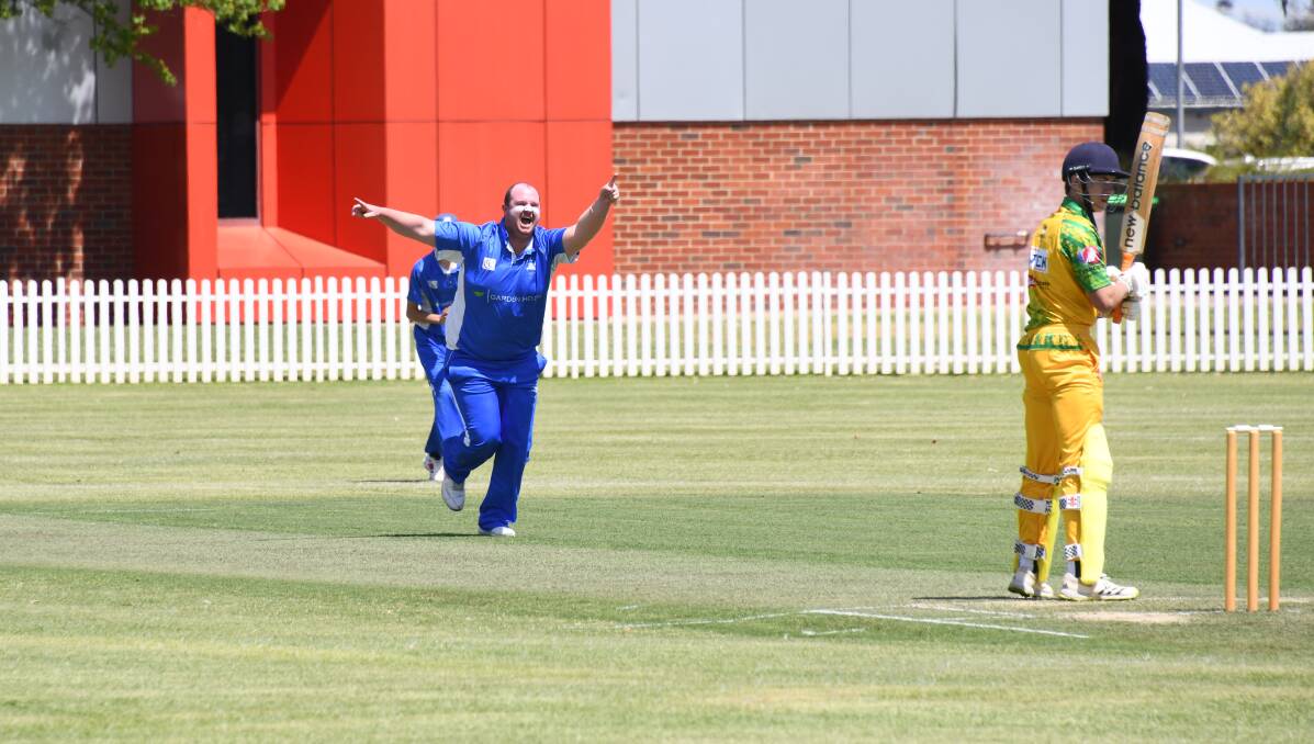 Lachlan Strachan celebrates a wicket during Macquarie's round one win. Picture by Amy McIntyre