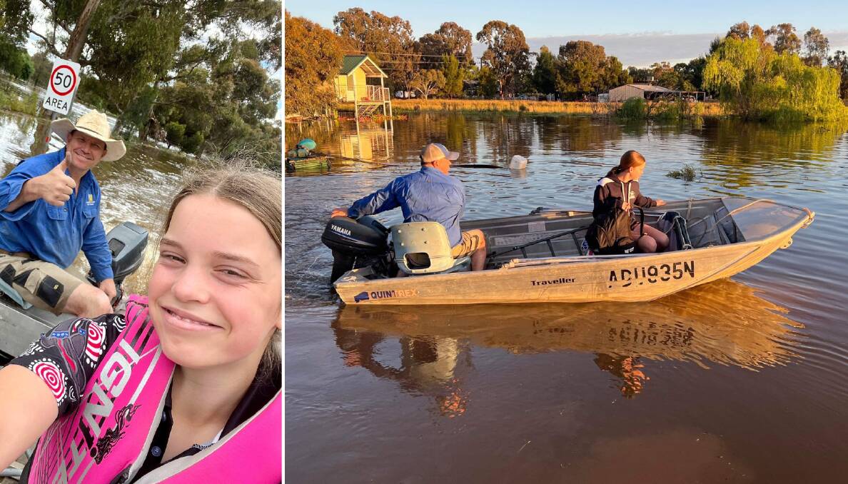 Sarah Price and her father, Damien, used any means necessary to get through flood waters and get to and from the Goannas' rugby league match at Wellington on Saturday. Pictures supplied