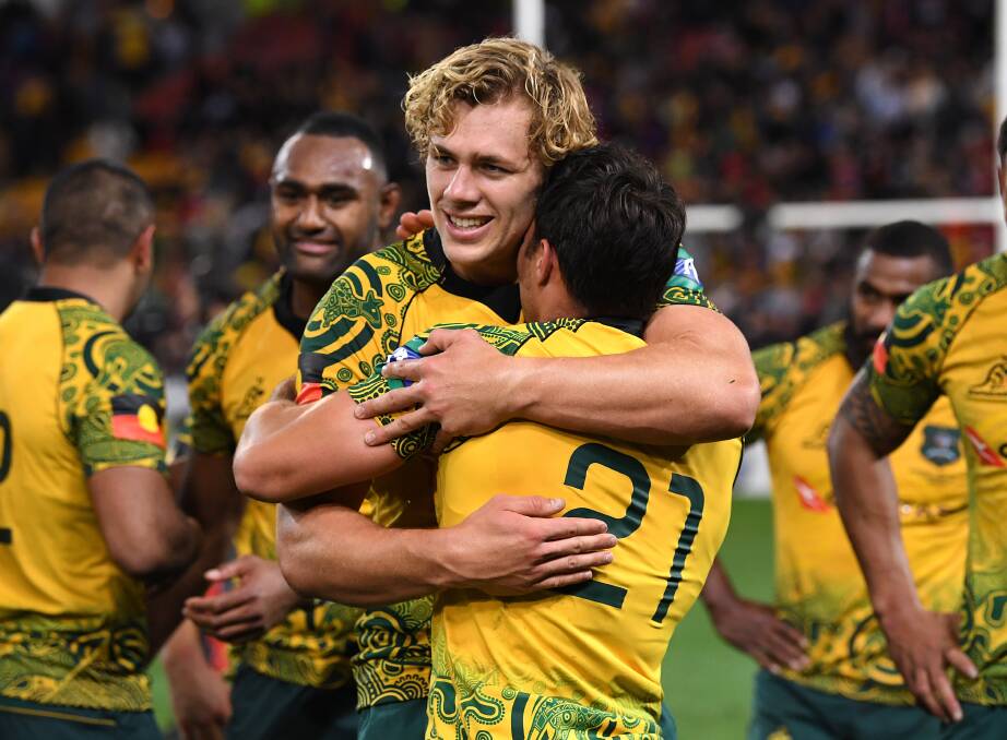 FINALLY: Coonamble product Ned Hanigan celebrates the Wallabies' win at Suncorp Stadium. Photo: AAP/DAVE HUNT