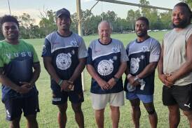 Macquarie's four Fijian signings and club great Mark Murphy. Picture supplied