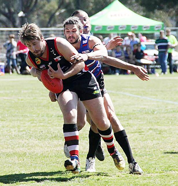 IMPRESSIVE: Jake Adams, pictured making a tackle for Parkes last season, was a real standout for the Dubbo Demons against Tumbarumba at South Dubbo Oval on Saturday afternoon. Photo: PARKES CHAMPION POST