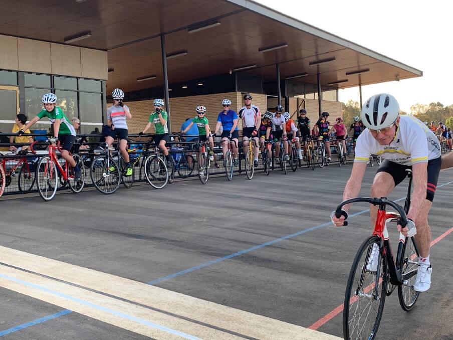 MAKING HISTORY: Darrell Wheeler (right) rode the first lap at the new facility as the rest of the Dubbo Cycle Club riders watched on. Photo: CONTRIBUTED