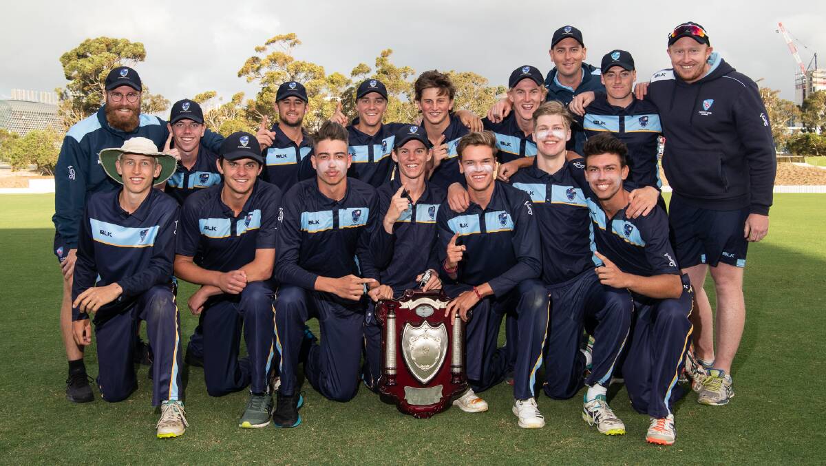 SPECIAL: Henry Railz (back, fourth from right) and his side celebrates winning the national under 19s championships at Adelaide. Photo: BRODY GROGRAN/CRICKET AUSTRALIA