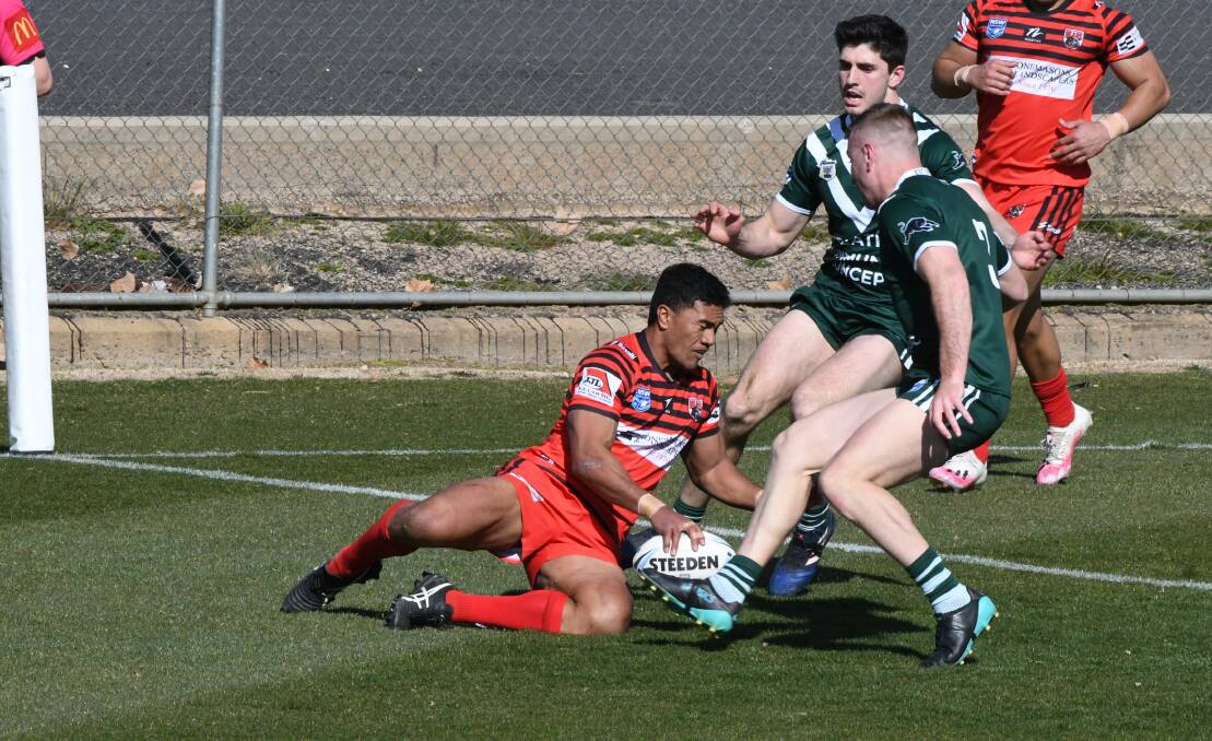James Tuitahi scores for the North Sydney Bears against the Western Rams during a President's Cup match at Bathurst in 2020. Picture by Chris Seabrook