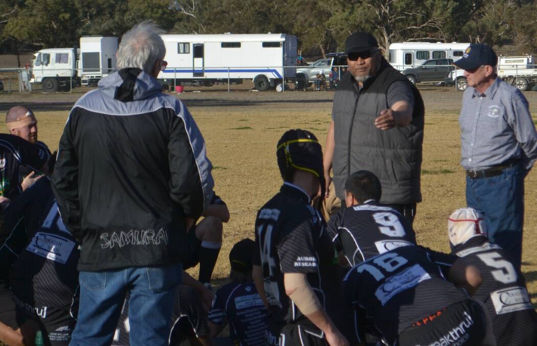 EXPERIENCE: Paul Hausia speaks to the Geurie Goats rugby side during last season's grand final win. Photo: NICK GUTHRIE