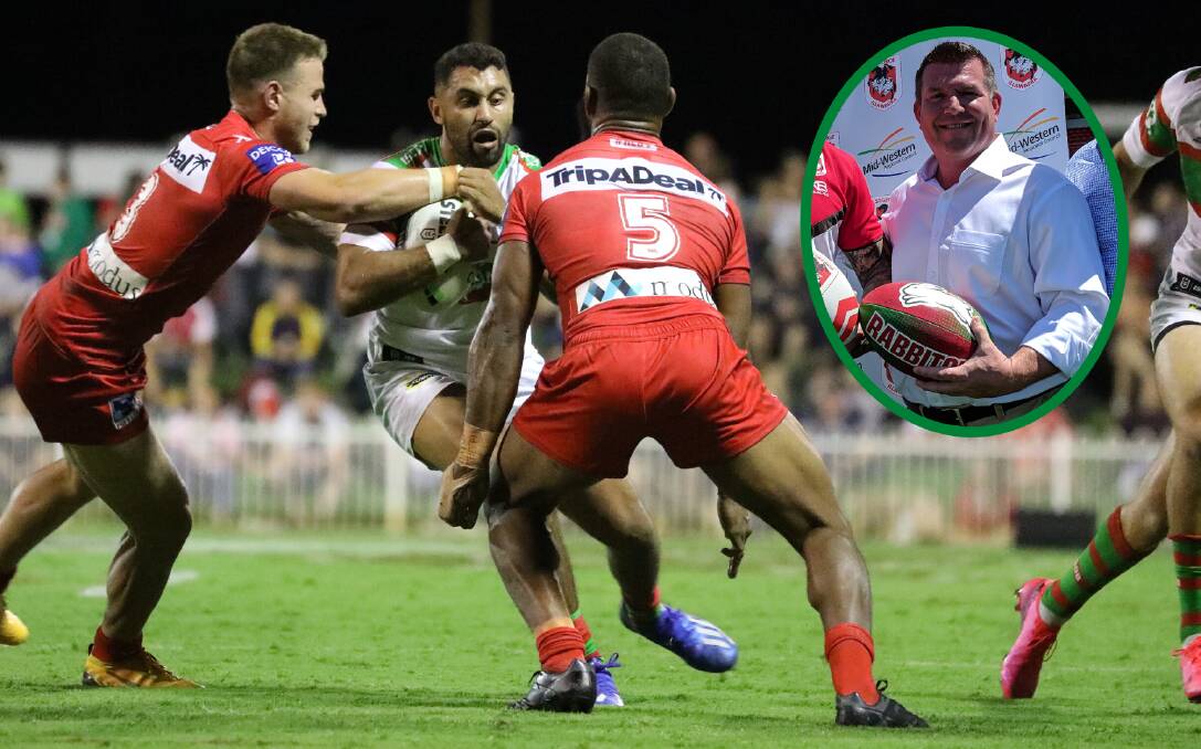 WE WANT YOU: Alex Johnston in action for South Sydney during this year's Charity Shield match in Mudgee. Dubbo MP Dugald Saunders (insert) has spoken to the Rabbitohs about regional games. Photo: SIMONE KURTZ