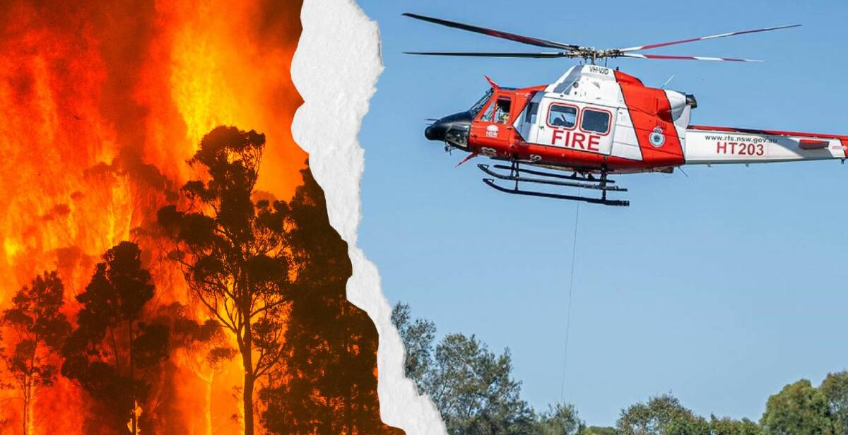 Left, the Currowan fire in 2019 and right, a helicopter which will be used in aerial firefighting. Pictures by Dion Georgopoulos and NSW RFS