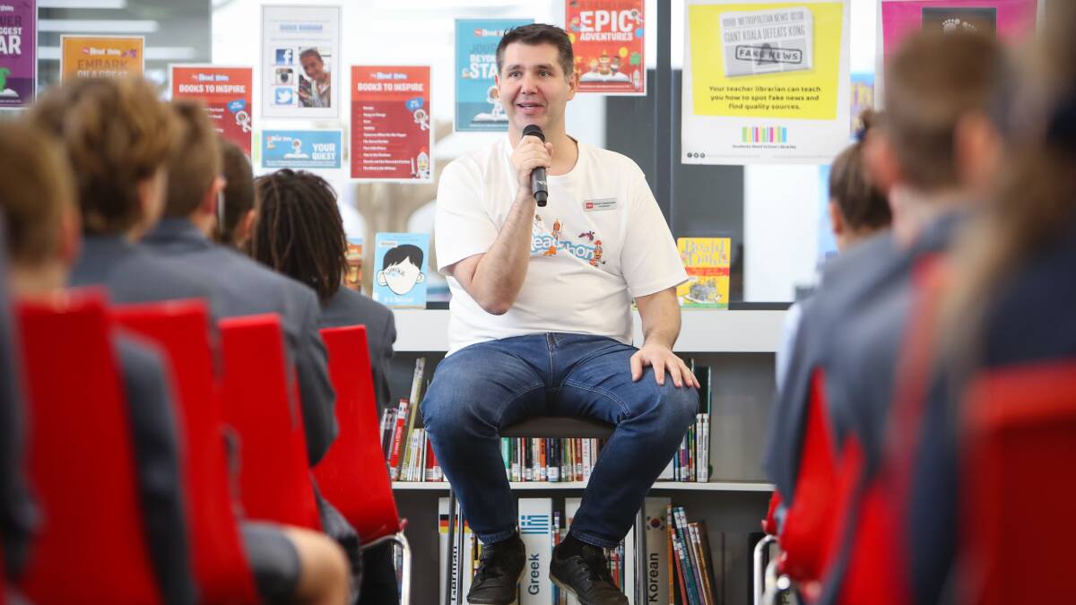 MERCURY NEWS Pic shows Stephen Papadopoulos who has MS speaking to students at TIGS school library about the 2019 MS Readathon. 23rd of July 2019. Story: Agron Latifi. Photo: Adam McLean.