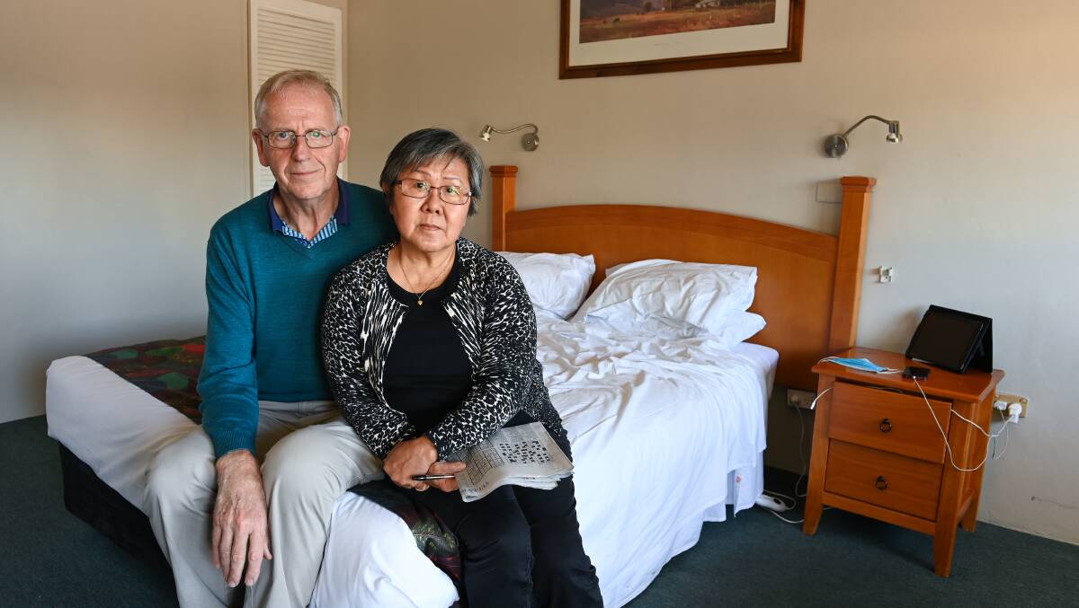 Ross and Helen Muir are ACT residents and are stuck in Wodonga Picture: Mark Jesser/The Border Mail