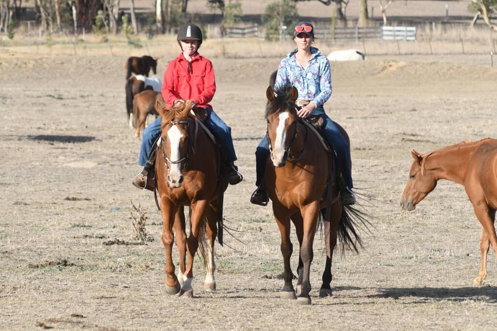 DROUGHT DAYS: Curtis Heggs is riding Jess and Shaniah Ind is riding Zipper across a very dry looking Ruby Hill Equine Centre property. 