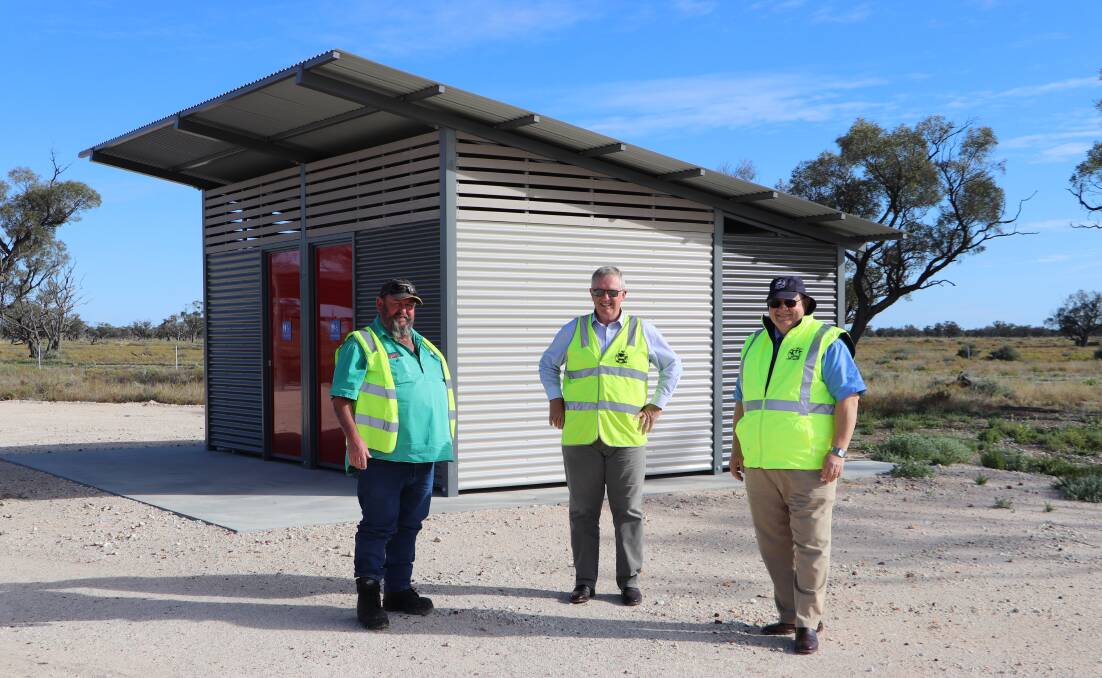 Federal Member for Parkes Mark Coulton pictured with Brewarrina Shire Council Mayor Phillip O'Conner and General Manager Jeff Sowiak at the Goodooga Road Rest Stop, one of the projects funded under the first round of the LRCI program.