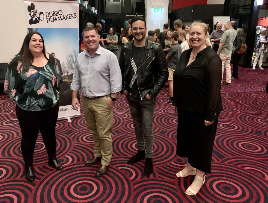 Member for the Dubbo electorate Dugald Saunders with Dubbo Filmmakers Incs Kellie Jennar, Nathan Shooter and Erifili Davis.