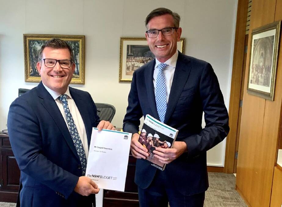 Dugald Saunders with Treasurer Dominic Perrottet and a copy of the NSW Budget.
