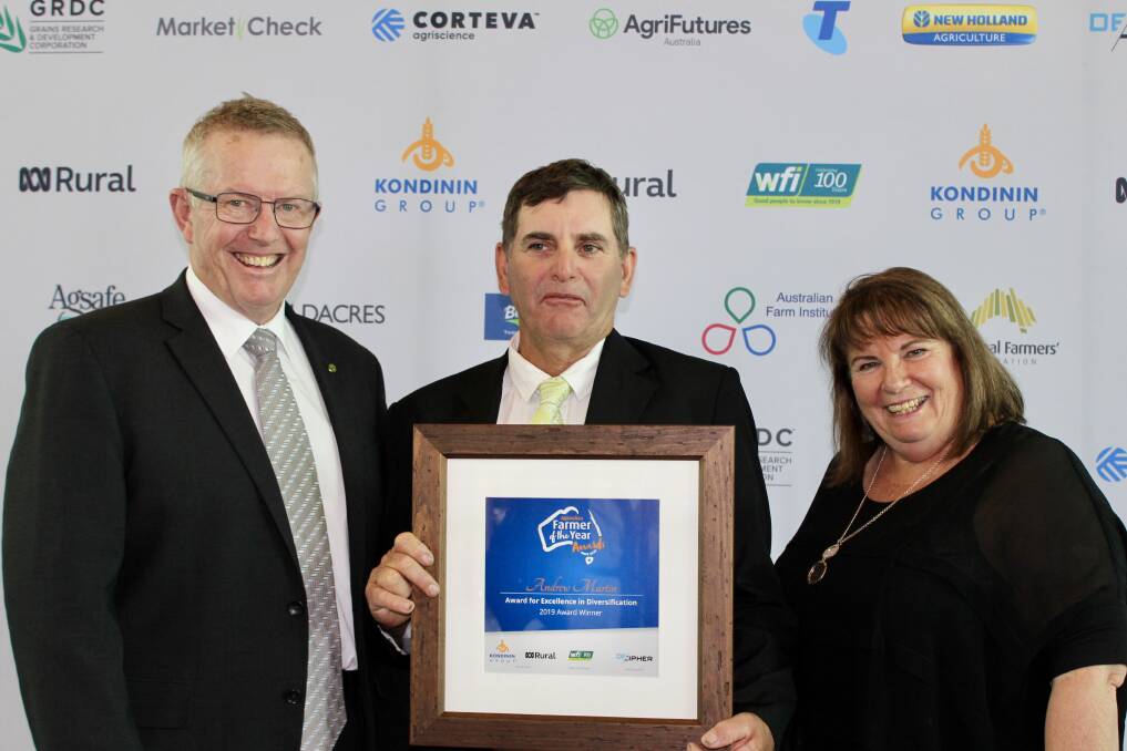 Member for Parkes and Minister for Regional Services, Decentralisation and Local Government, Mark Coulton, with local farmer Andrew Martin and his wife Kerrie, winner of the award for excellence in diversification at the 2019 ABC Rural Farmer of the Year Awards, held in Parliament House on 16 October.