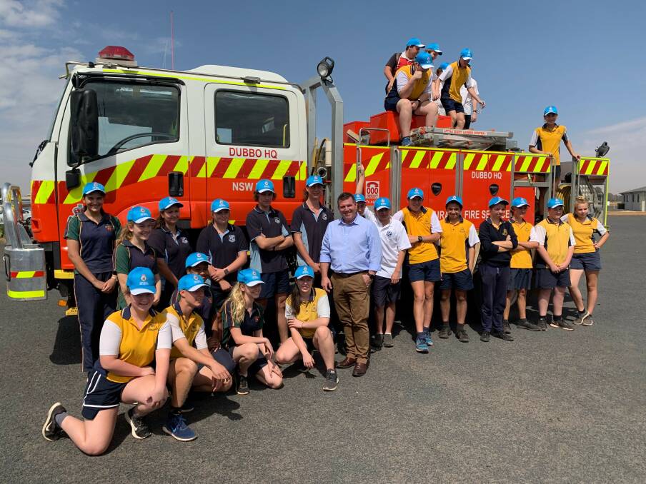 Member for the Dubbo electorate Dugald Saunders with students who recently completed a cadet program through the NSW Rural Fire Service.