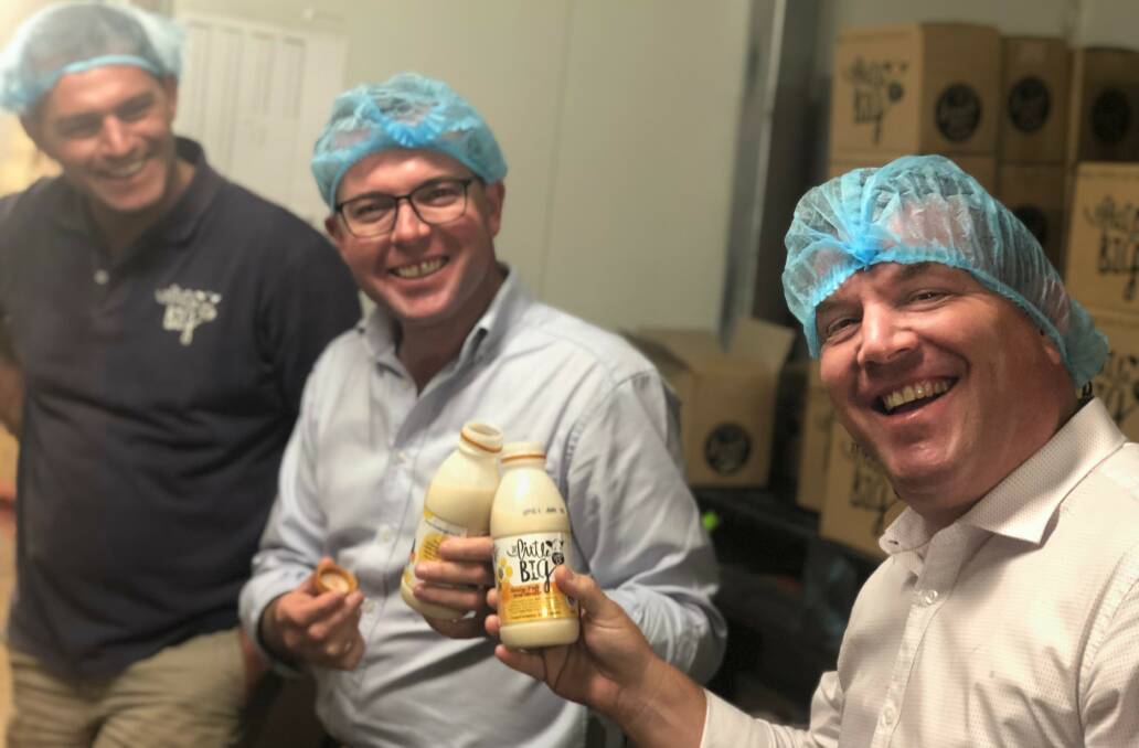 Minister Adam Marshall and Dubbo MP Dugald Saunders enjoying their tour of the Little Big Dairy Company.