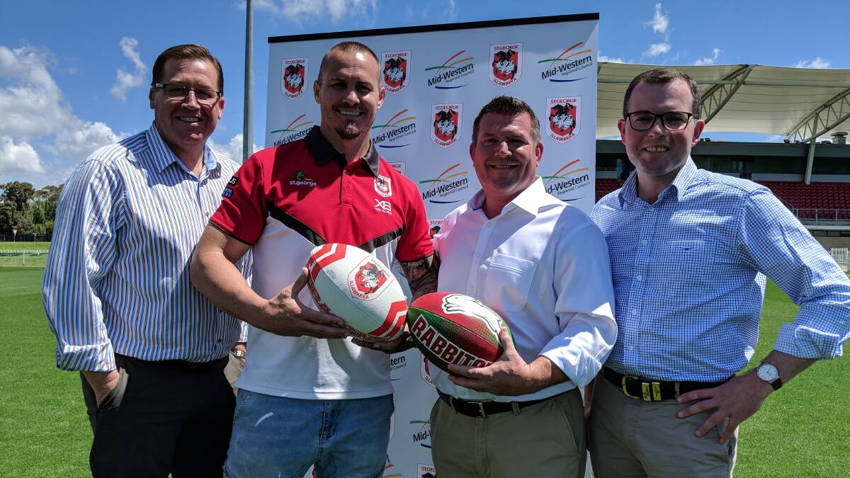Fire it Up: Troy Grant with former Dragons great Matt Cooper, Nationals candidate for Dubbo Dugald Saunders and Minister for Tourism and Major Events Adam Marshall.