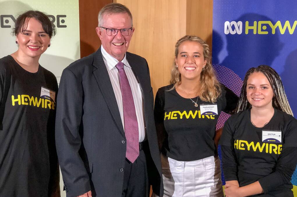 Member for Parkes Mark Coulton congratulating the three Parkes electorate Heywire winners in Parliament House last week.