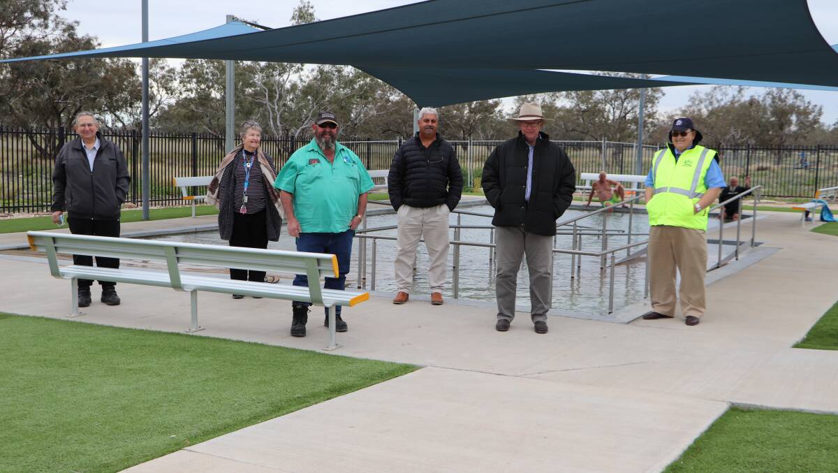 Federal Member for Parkes Mark Coulton (second from right) pictured at the Goodooga Bore Bath with Brewarrina Shire councillor Angelo Pippos, Deputy Mayor Vivian Slack-Smith, Mayor Phillip OConnor, councillor Tom Stanton and General Manager Jeff Sowiak.