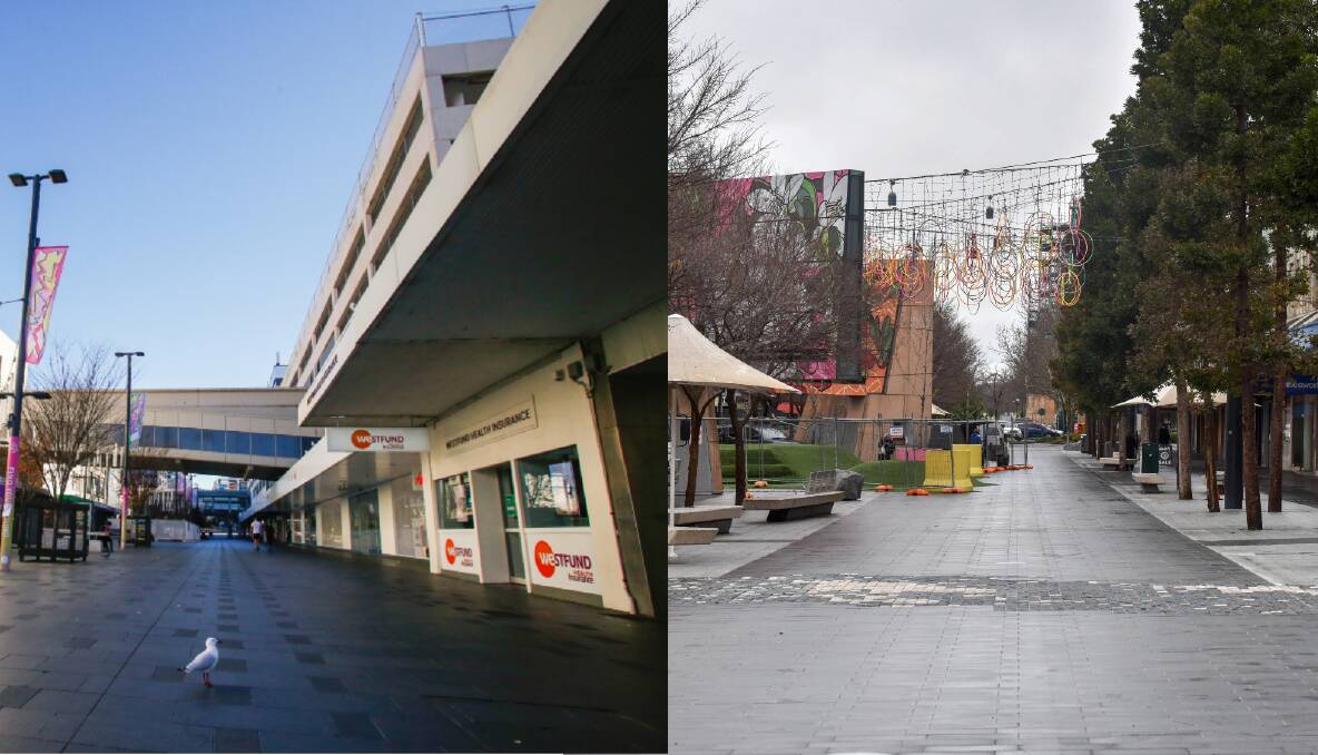 Wollongong's Crown Street Mall during the 2021 lockdown, and Bendigo's Hargreaves Mall during the 2020 lockdown. Pictures: Anna Warr, Brendan McCarthy