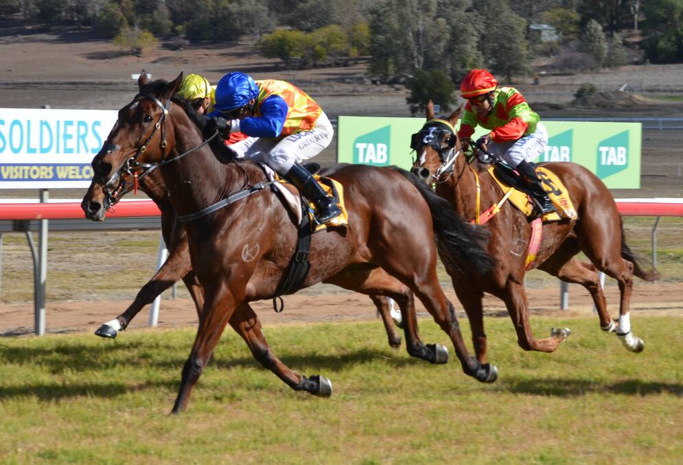 Run home: Galaxy Warrior (Blue cap) hits the lead in the closing stages of the Open Handicap, just as the gelding developed an injury.