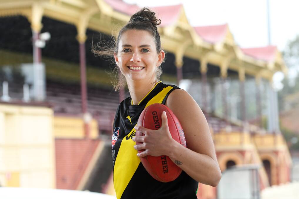 Tessa Lavey is still on cloud nine after being drafted by AFLW side Richmond on Tuesday night. The 27-year-old Olympic basketballer is a lifelong Tigers supporter. Picture: NONI HYETT
