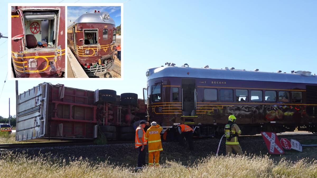 DAMAGE: The collision with the truck crossing the railroad left the truck on its side and the front of the train battered and crumbled. PHOTOS: Monty Jacka and Supplied.