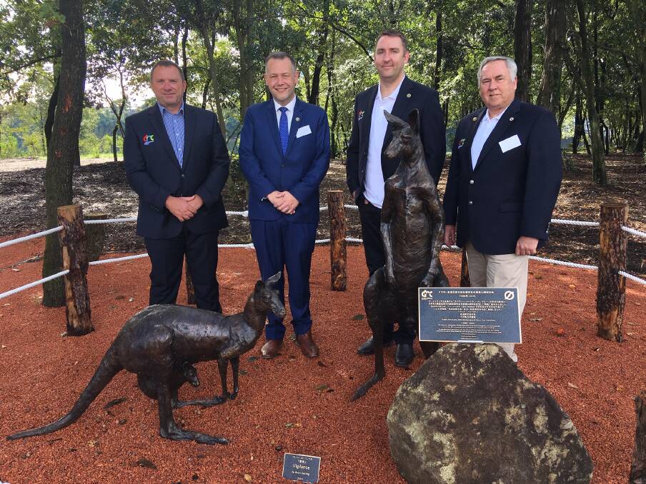 Aussie: Councillors Greg Mohr, Ben Shields, and Dayne Gumley, and CEO Michael McMahon with the bronze sculpture gifted to Minokamo. Photo contributed. 