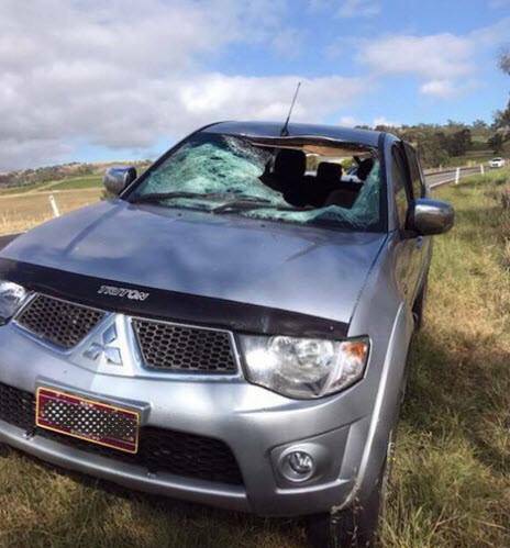 Smashed: The resulting damage from a collision between a kangaroo and a car on the Golden Highway. Photo: NSW Police/ Facebook.