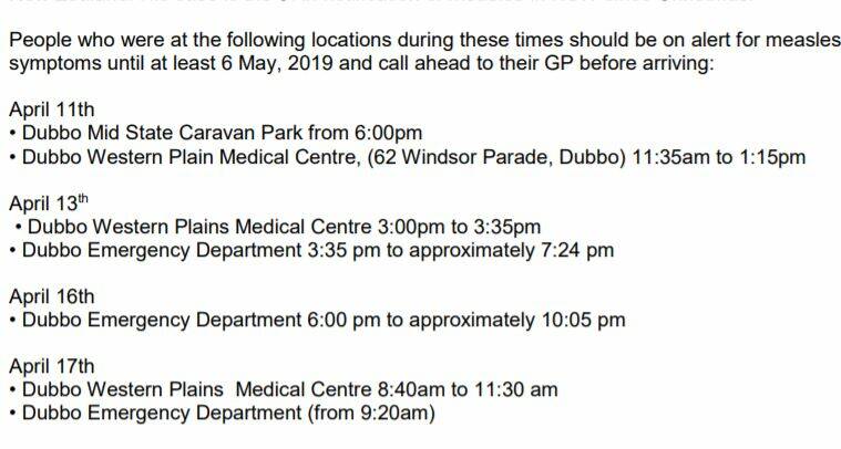 Western NSW Local Health District measles alert. 