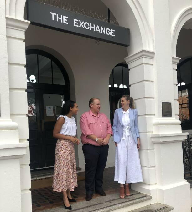 New home: The Exchange program manager Malaika Mfula welcomes Elders NSW state general manager Ryan Robinson and Buy From The Bush founder Grace Brennan to the Dubbo space that is the new headquarters for Buy From The Bush. Photo contributed.