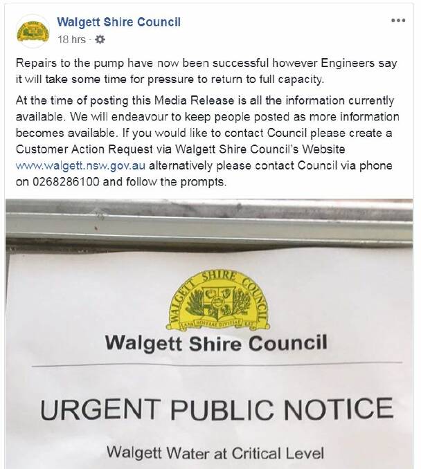 Walgett Shire Council's updated post to Facebook. 