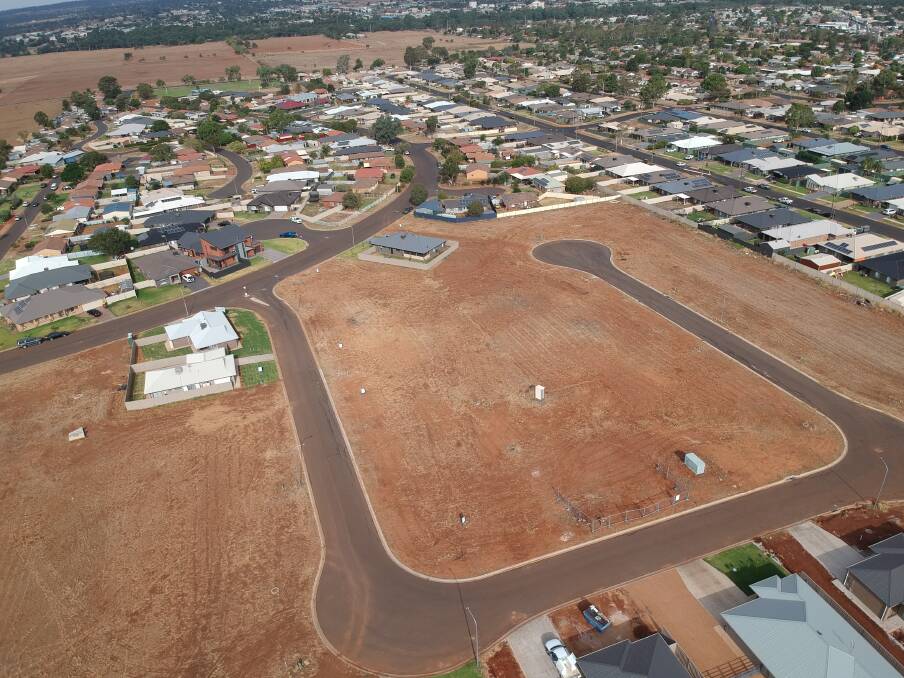 The view: An aerial shot shows progress and potential in Dubbo's Rosewood View Estate, a privately-developed subdivision bordering Rosewood Grove. Photo contributed.