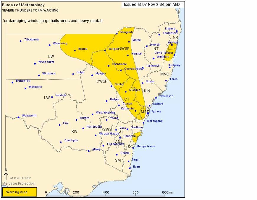 The latest warning area released by the Bureau of Meteorology.