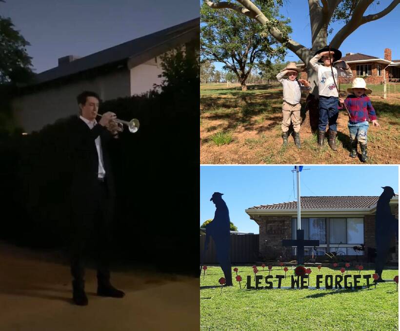 Honour: Samuel Vail (left) sounds the Last Post, (top right) Darcy Young, 4, Louis Young 6 and Clancy Young, 2, salute and (bottom right) a home decorated for Anzac Day. Photos contributed.