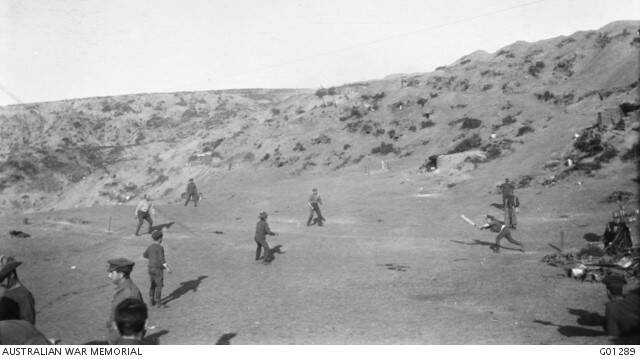 A game of cricket was played on Shell Green in an attempt to distract the Turks from the imminent departure of allied troops. Major George Macarthur Onslow of the Light Horse in batting, is being caught out. Shells were passing overhead all the time the game was in progress. Photo: the Australian War Memorial 