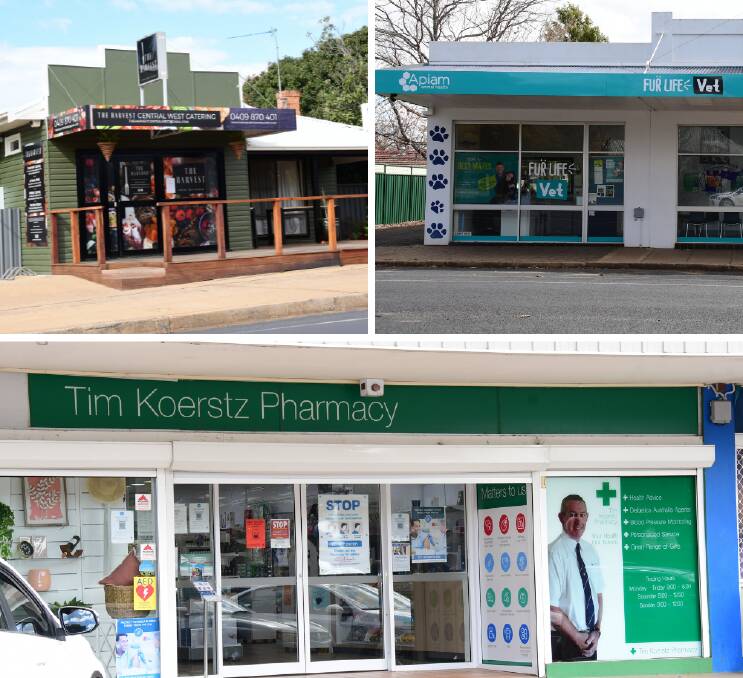 The Harvest, (top left) Don Crosby Veterinary Surgeons (top right), and Tim Koerstz Pharmacy (bottom) have all had staff tested. Photos: BELINDA SOOLE