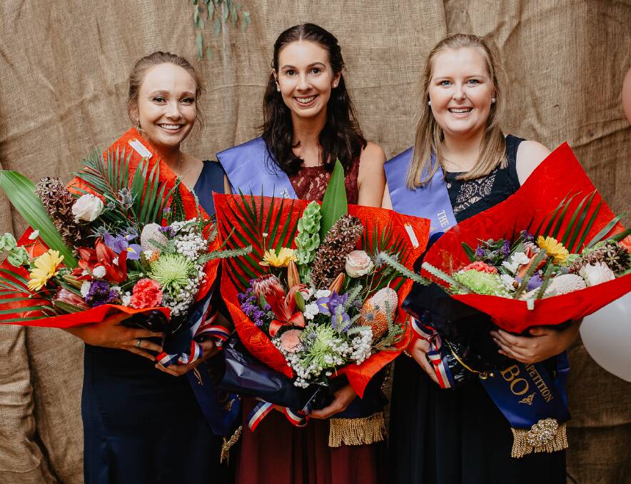 Win: Bathurst's Stephanie Ferguson, Blayney's Sally Nicholls and Cowra's Beatrice Patterson will contest The Land Sydney Royal Showgirl title. Photo: Snaps by Madds.