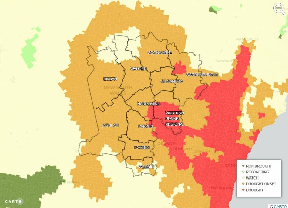 A NSW Department of Primary Industries system indicates a large part of Dubbo Regional Council is in drought.