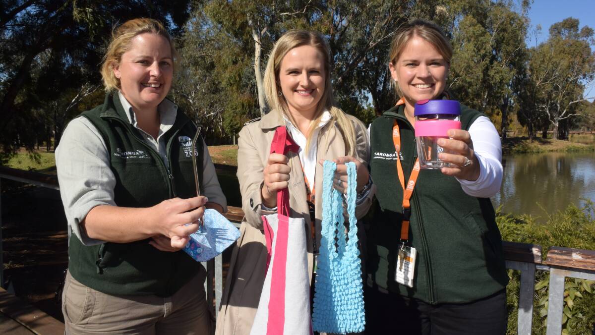 Swap it: Karen James, Joanne Fitzgerald and Mandy Quayle of Taronga Western Plains Zoo prepare for Plastic Free July. Photo: FAYE WHEELER
