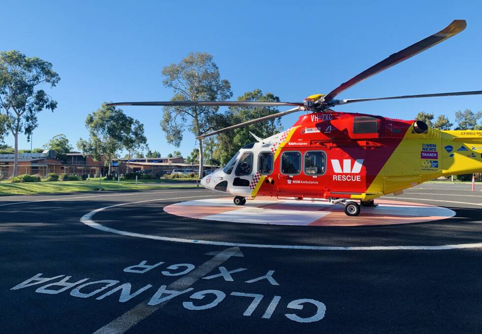 The Westpac Rescue Helicopter at Gilgandra to provide an urgent transfer by air to Dubbo Hospital. Picture contributed.