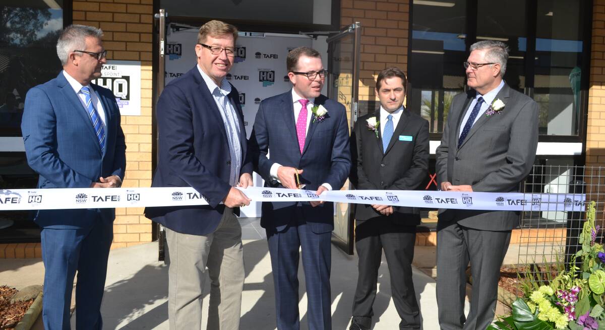 TAFE managing director Jon Black, Dubbo MP Troy Grant, minister responsible for TAFE Adam Marshall and officials at the opening of the SkillsPoint at Dubbo in May. Photo: FAYE WHEELER